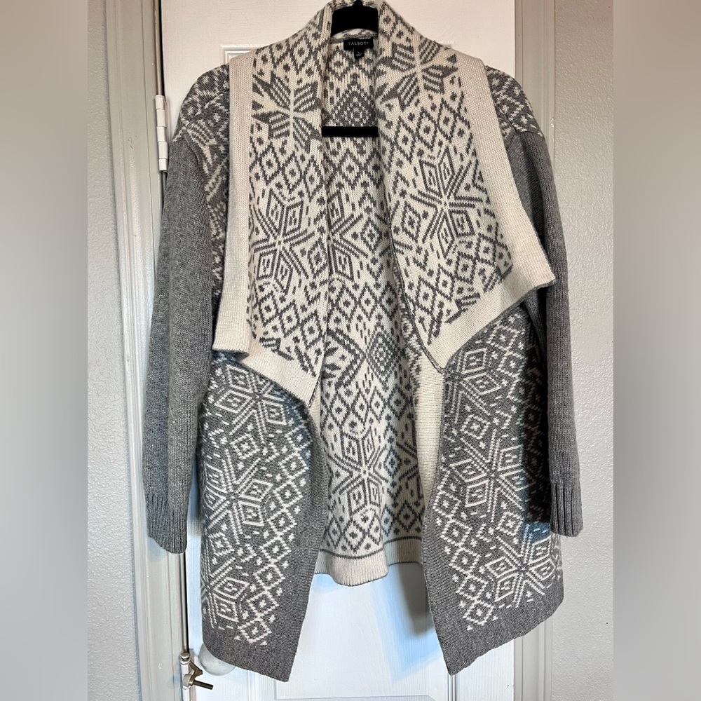 Talbots Shawl Collar Open Front Cardigan Wool Blend Gray White Nordic Size L